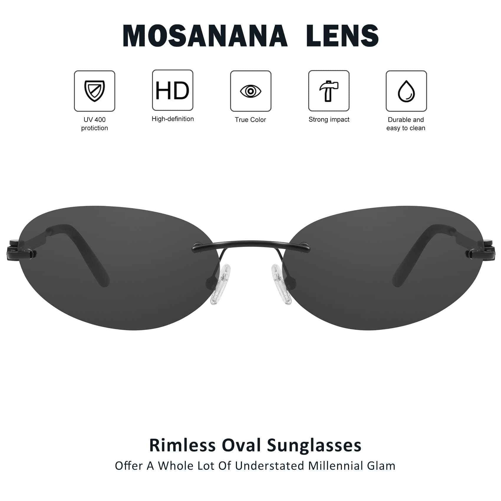 mosanana Y2k Oval Sunglasses for Women Black Small Trendy Cool Cute Funky Fashion Vintage Stylish 90s Thin Skinny Neo Matrix Rimless Hacker