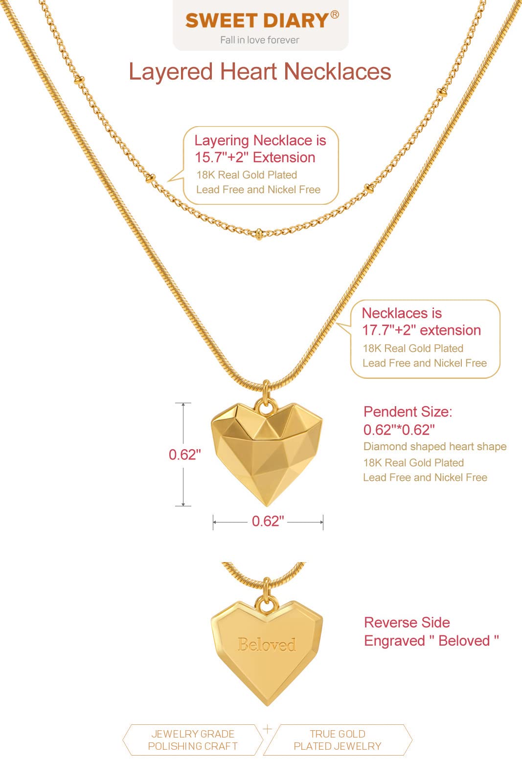 SWEET DIARY Gold Heart Necklaces for Women, 18K Gold Plated Layered Necklace, Handmade Diamond Heart Pendant Necklace Chain Gold Necklaces Gift for Women Necklace Jewelry