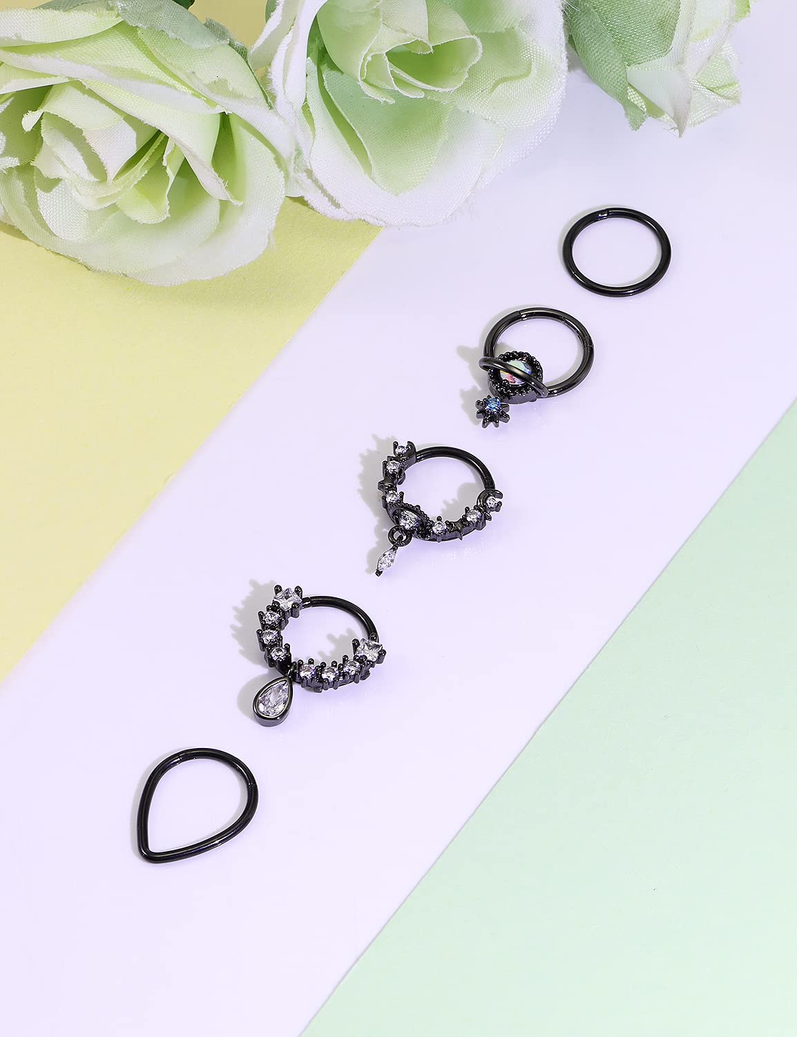 Vsnnsns 16G Septum Rings Piercing Jewelry Septum Jewelry CZ Clicker Ring Stainless Steel Septum Hinged Segment Nose Rings Hoop Piercing Jewelry for Men Women 10mm 5pcs Black