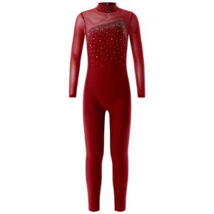 Linjinx Kids Girls Long Sleeve Rhinestone Gymnastics Leotard Unitard Full Body One Piece Figure Ice Skating Jumpsuit Bodysuit Burgundy 10 Years