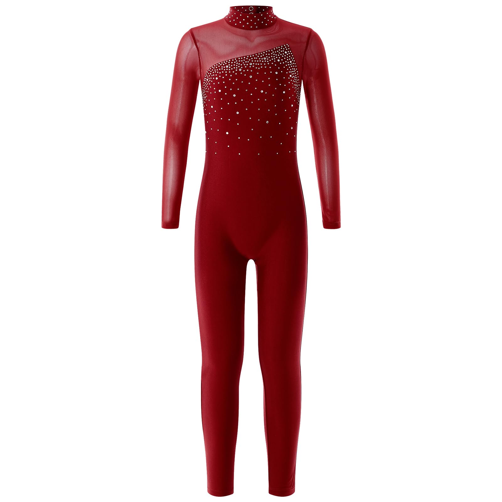 Linjinx Kids Girls Long Sleeve Rhinestone Gymnastics Leotard Unitard Full Body One Piece Figure Ice Skating Jumpsuit Bodysuit Burgundy 10 Years