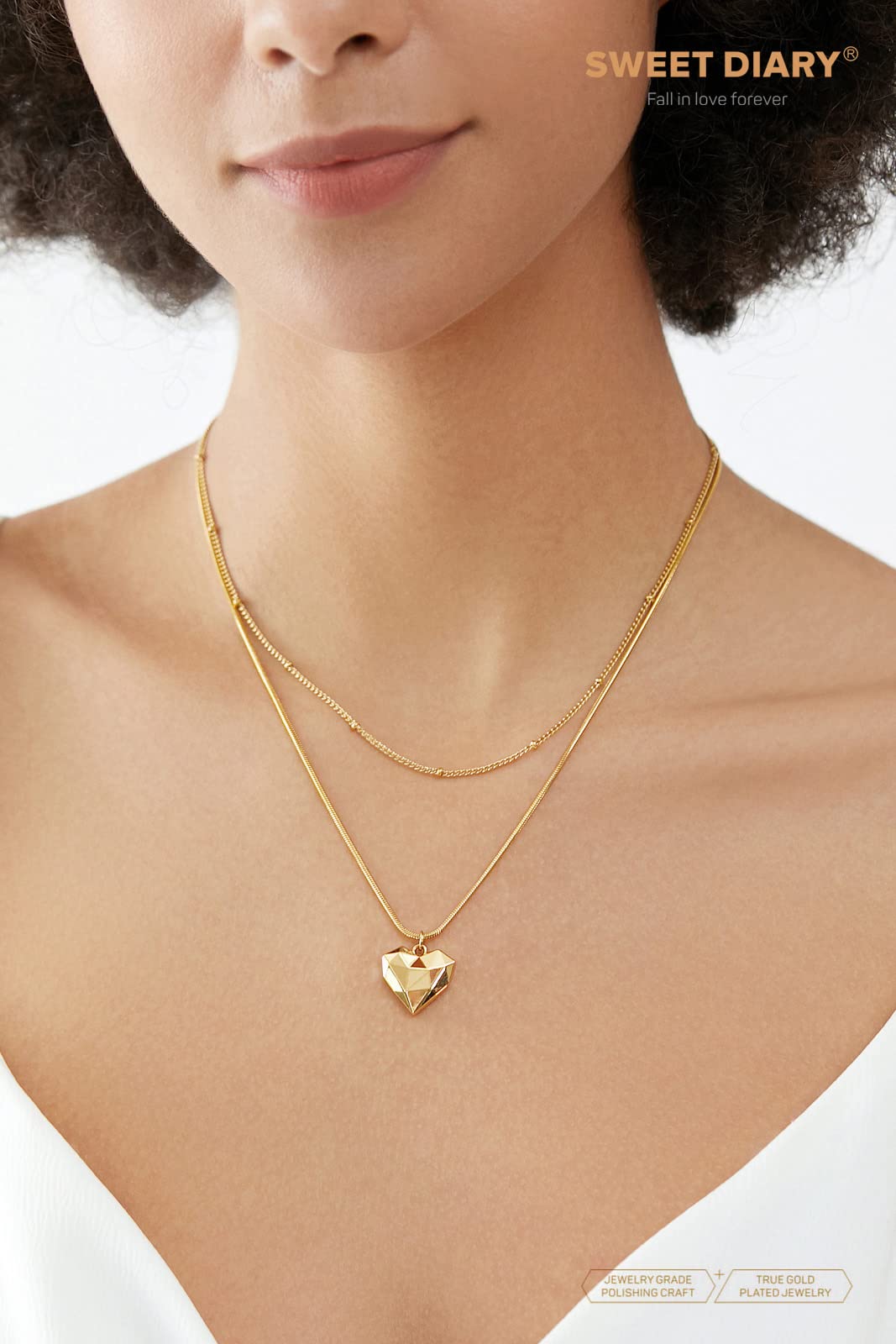 SWEET DIARY Gold Heart Necklaces for Women, 18K Gold Plated Layered Necklace, Handmade Diamond Heart Pendant Necklace Chain Gold Necklaces Gift for Women Necklace Jewelry