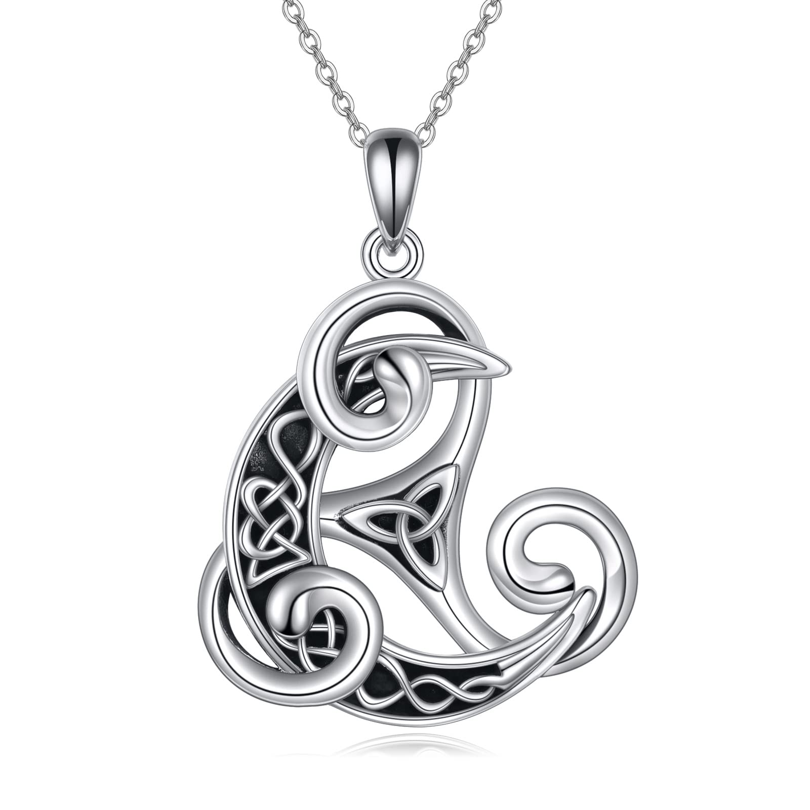 URONE Celtic Knot Necklace 925 Sterling Silver Viking Triskelion Necklace Celtic Moon Necklace Triskele Pendant Celtic Jewelry Gifts for Women (Triskelion 2)