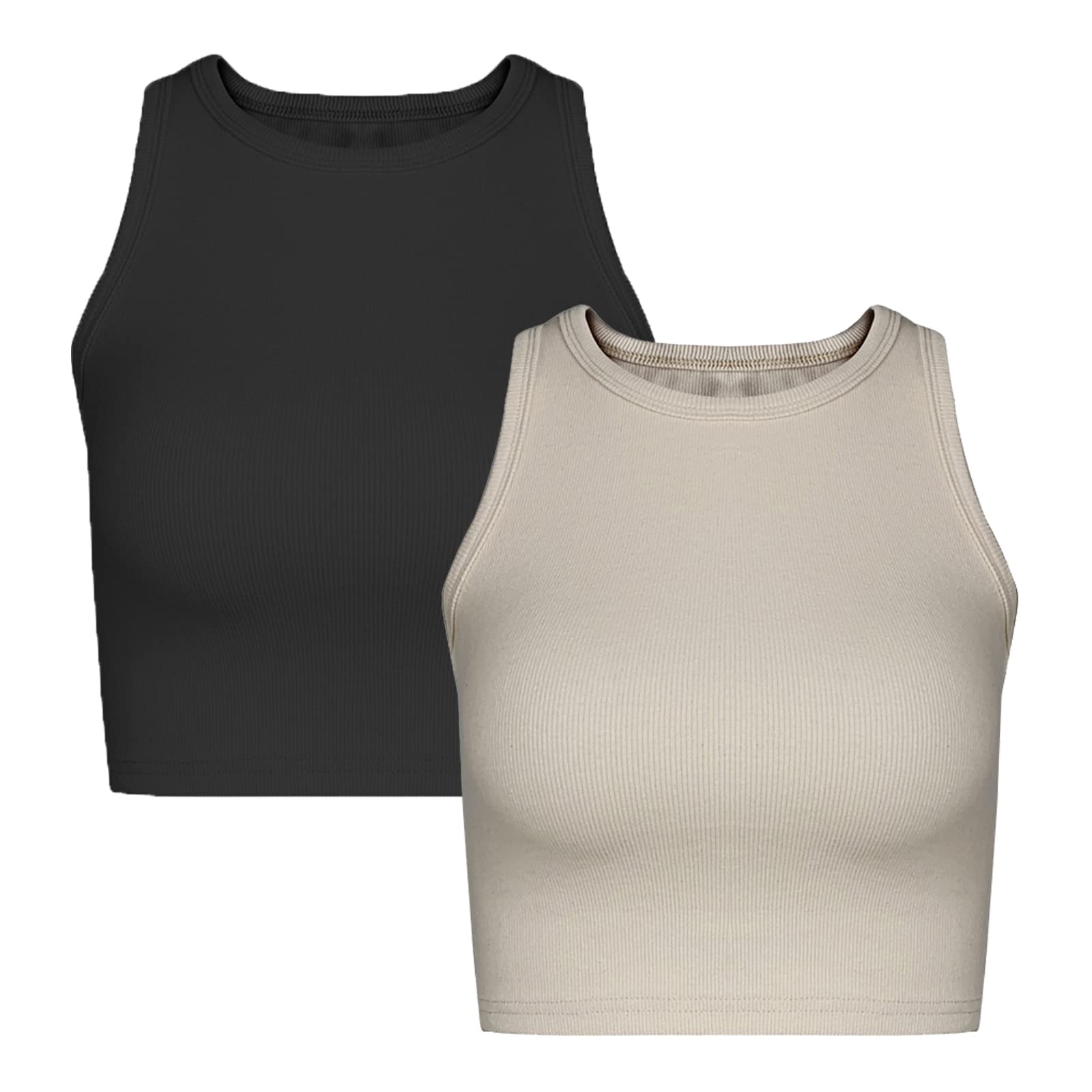 Nicytore 2 Pieces Basic Seamless Sports Tank Tops Sleeveless Racerback Yoga Workout Crop Tops for Women Black/Beige