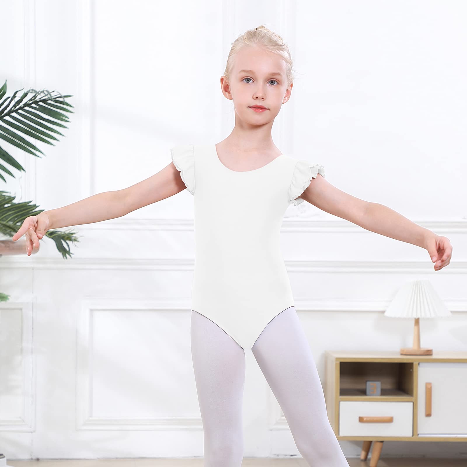 YgneeDom Girls Leotard Ruffle Short Sleeve Crisscross Back for Dance Gymnastics Ballet 3-12 Years(White,5-6)