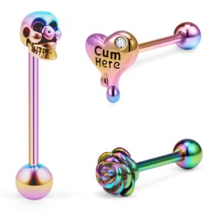 vsnnsns 14g tongue rings for women stainless steel heart tongue rings skull tongue piercing jewelry flower tongue rings surgical steel tongue jewelry barbell body piercing jewelry rainbow