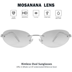 mosanana Y2k Oval Sunglasses for Women Silver Small Trendy Cool Cute Funky Fashion Vintage Stylish 90s Thin Skinny Neo Matrix Rimless Hacker