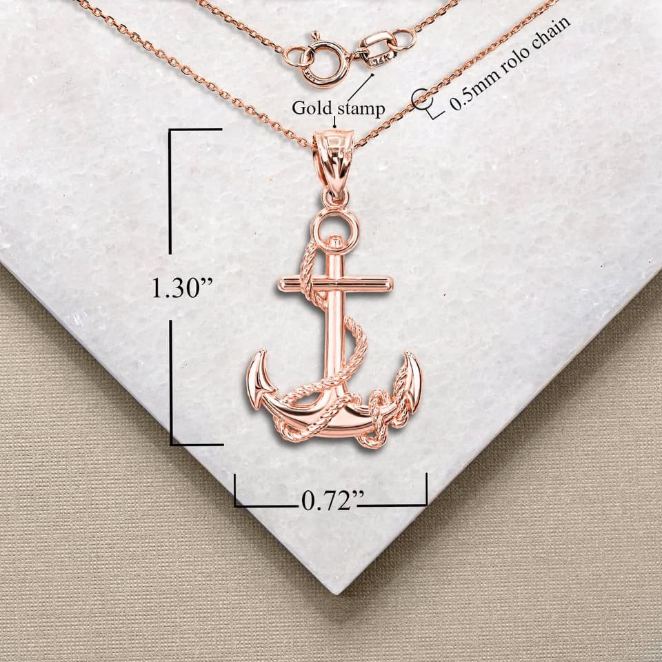 Solid 14K Rose Gold Polished Nautical Rope Fouled Anchor Pendant Necklace, 22"