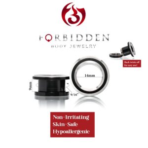 Forbidden Body Jewelry Ear Gauges, Tunnels for Ears, Ear Tunnels, Black and Silver Two Tone Rim PVD Over 316L Surgical Steel Screw Fit Tunnel Ear Gauges. (Size 9/16" 14mm) (Sold as Pairs)