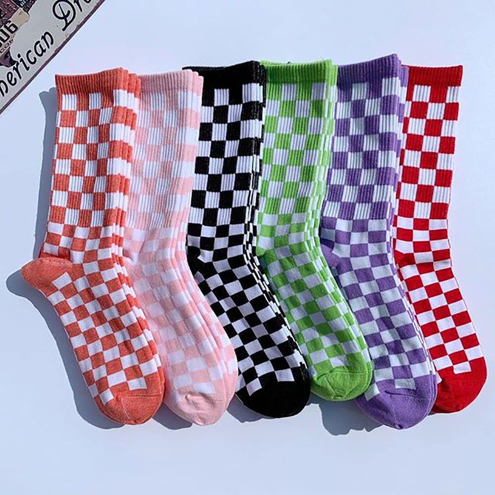 Fashion Harajuku Trends Women Checkerboard Socks Geometric Checkered Socks Men Hip Hop Cotton Unisex Print Skateboard Soks(pink)