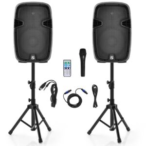 goflame 2000w 2-way powered speakers, 12" portable dual speakers pa system with bluetooth, usb sd card, aux mp3 fm radio, microphone, 2 tripod stands, remote and cables, indoor and outdoor use