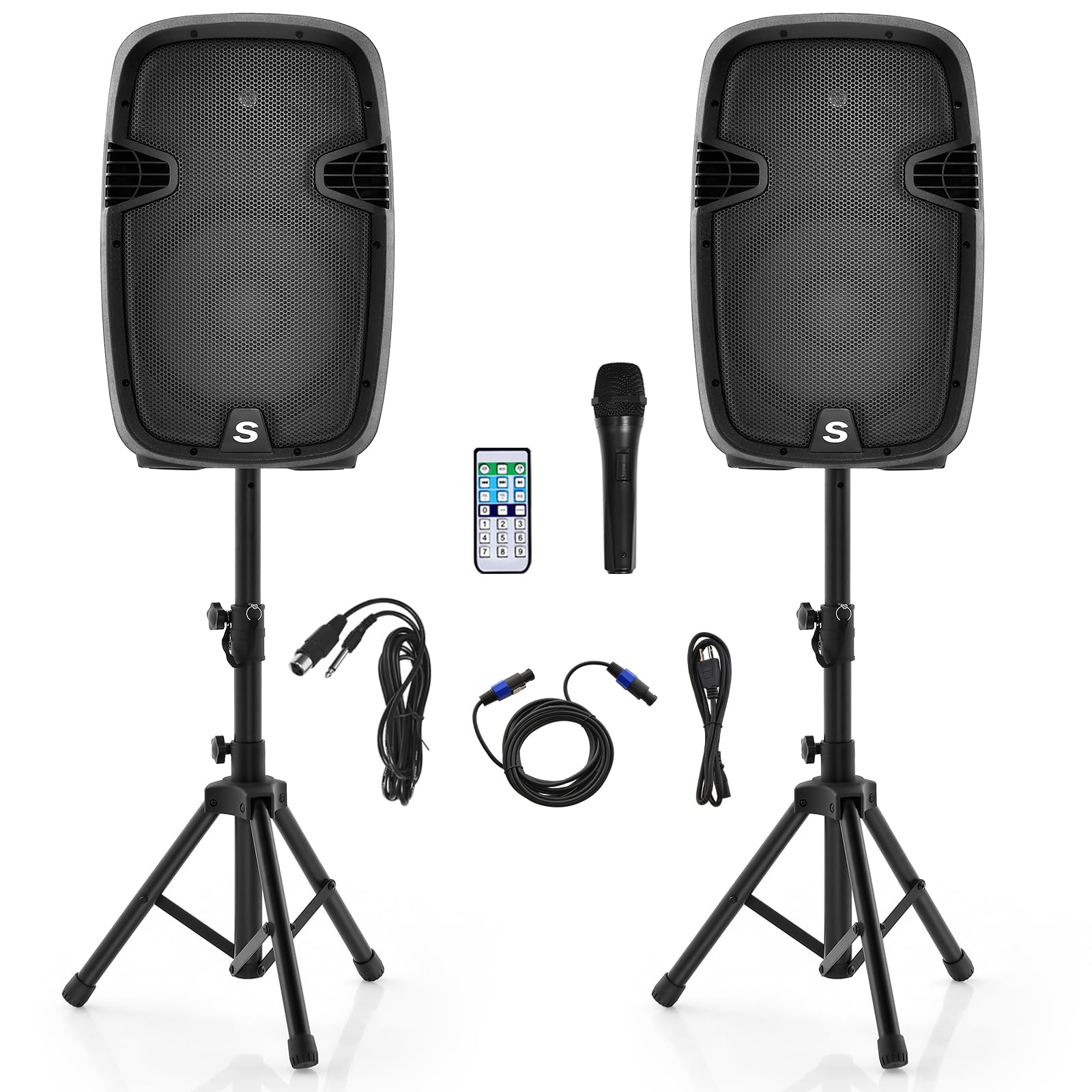 GOFLAME 2000W 2-Way Powered Speakers, 12" Portable Dual Speakers PA System with Bluetooth, USB SD Card, AUX MP3 FM Radio, Microphone, 2 Tripod Stands, Remote and Cables, Indoor and Outdoor Use