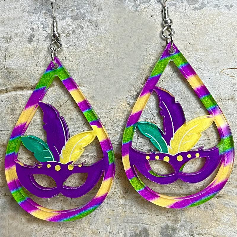 Mardi Gras Earrings for Women Acrylic MARDI GRAS Mask Dangle Earrings Carnival Theme Drop Earrings Purple Yellow Green Earrings Holiday (Mask)