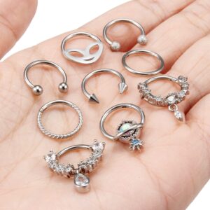 Vsnnsns 16G Septum Jewelry Septum Ring Piercing Jewelry Septum Clicker Ring and Horseshoe Barbell Stainless Steel Septum Nose Rings Hoop for Men Women Silver 10mm 9pcs