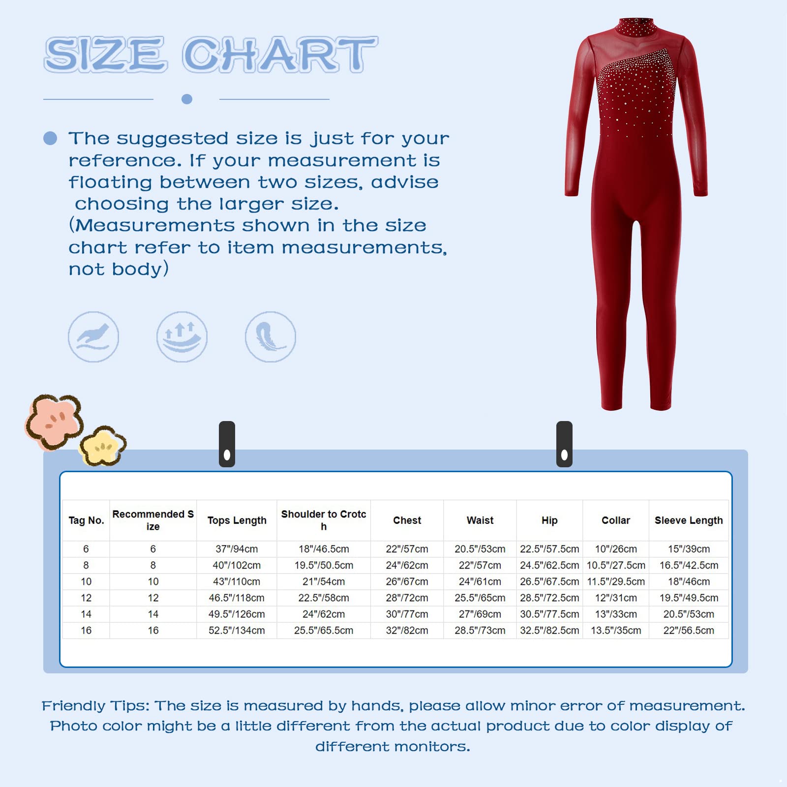 Linjinx Kids Girls Long Sleeve Rhinestone Gymnastics Leotard Unitard Full Body One Piece Figure Ice Skating Jumpsuit Bodysuit Burgundy 10 Years