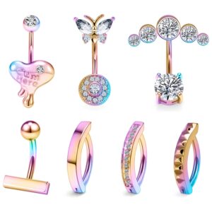 14g belly button rings belly rings for women stainless steel cz belly piercing jewelry surgical steel clicker belly button rings curved navel ring barbell body jewelry piercing rainbow 7pcs 10mm