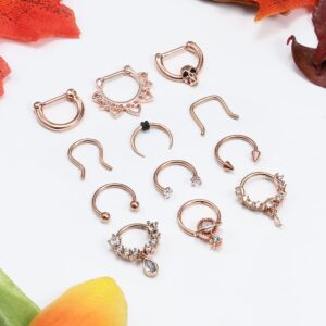 Vsnnsns 16G Septum Jewelry Septum Ring Piercing Jewelry Septum Clicker Ring and Horseshoe Barbell Stainless Steel Septum Nose Rings Hoop for Men Women Rose Gold 10mm 12pcs