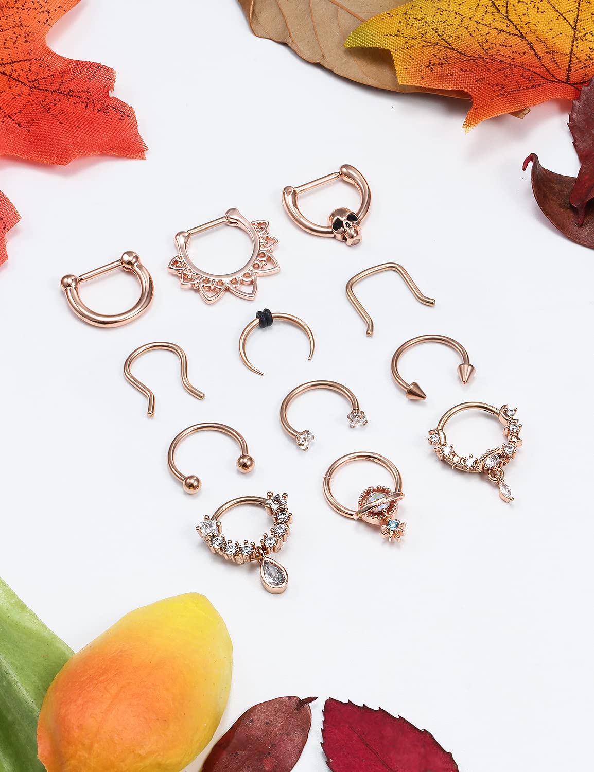 Vsnnsns 16G Septum Jewelry Septum Ring Piercing Jewelry Septum Clicker Ring and Horseshoe Barbell Stainless Steel Septum Nose Rings Hoop for Men Women Rose Gold 10mm 12pcs