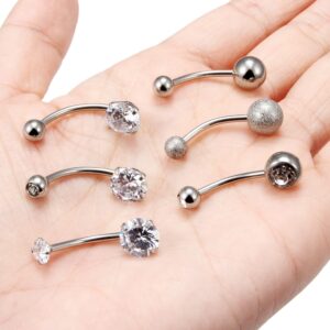 14G Belly Button Rings Belly Rings for Women Men Stainless Steel CZ Belly Piercing Jewelry Surgical Steel Clicker Belly Button rings Curved Navel Ring Barbell Body Jewelry Piercing Silver 14mm 6Pcs