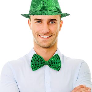 St Patrick's Day Fedora Hat Green Sequin Irish Hat for Men Women Paddy's Day Fancy Cap Western Fashion Sequin Bow Tie and 3 Green Beads