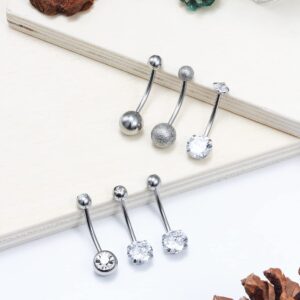 14G Belly Button Rings Belly Rings for Women Men Stainless Steel CZ Belly Piercing Jewelry Surgical Steel Clicker Belly Button rings Curved Navel Ring Barbell Body Jewelry Piercing Silver 14mm 6Pcs