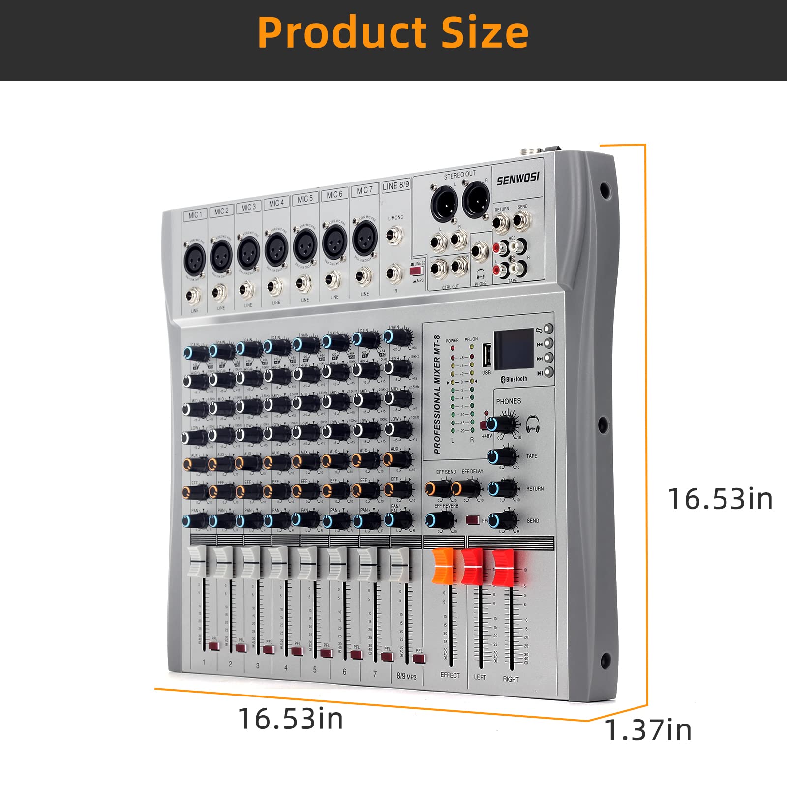 SENWOSI MT-8 8-Channel Sound Board Mixer Amplifier Mixing Console USB Bluetooth Audio Interface Microphone Preamplifier Phantom Power 3 band EQ Steel Chassis DJ Studio Music production