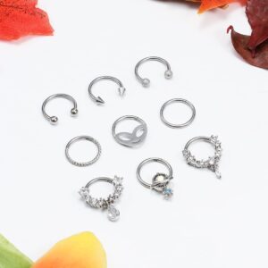 Vsnnsns 16G Septum Jewelry Septum Ring Piercing Jewelry Septum Clicker Ring and Horseshoe Barbell Stainless Steel Septum Nose Rings Hoop for Men Women Silver 10mm 9pcs