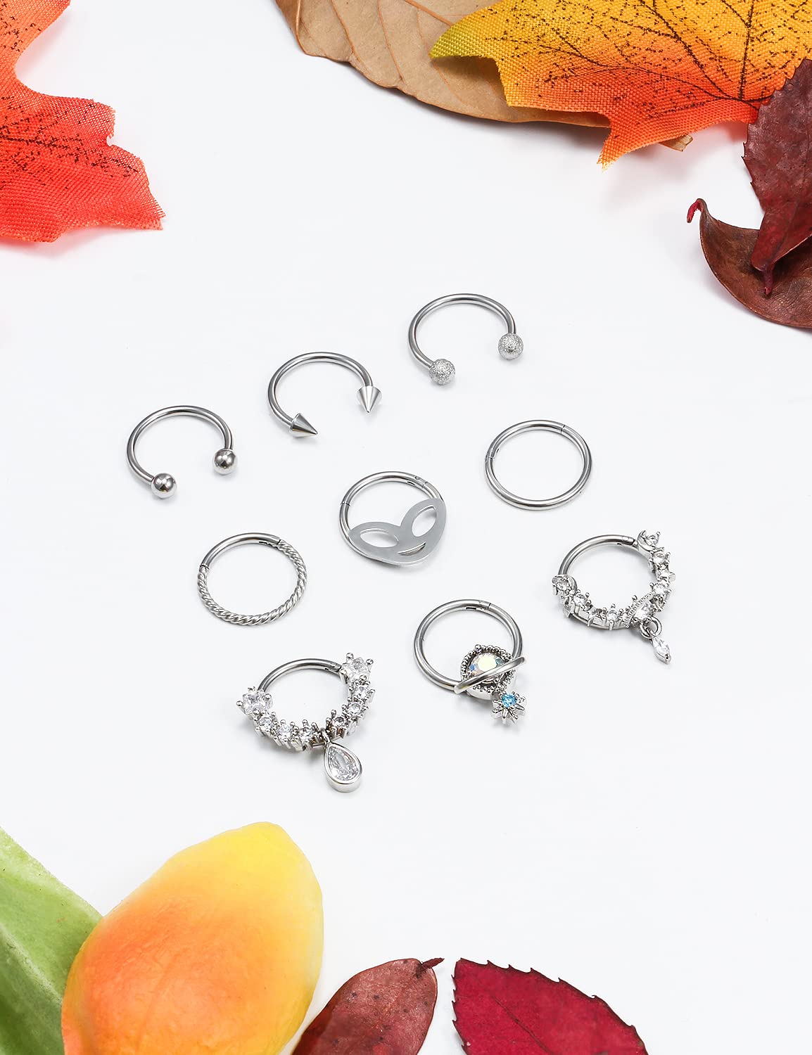 Vsnnsns 16G Septum Jewelry Septum Ring Piercing Jewelry Septum Clicker Ring and Horseshoe Barbell Stainless Steel Septum Nose Rings Hoop for Men Women Silver 10mm 9pcs