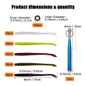 CWSDXM Worm Soft Plastic Bait Kit 100PCS 4 inch Worms Fishing Lures 100PCS O-Rings and Wacky Rig Tool Fishing Worms for Bass