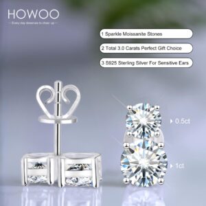 Howoo Moissanite Stud Earrings for Women White Gold Sterling Silver Earrings with Two Moissanite Diamond Gifts for Women