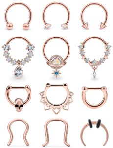 vsnnsns 16g septum jewelry septum ring piercing jewelry septum clicker ring and horseshoe barbell stainless steel septum nose rings hoop for men women rose gold 10mm 12pcs