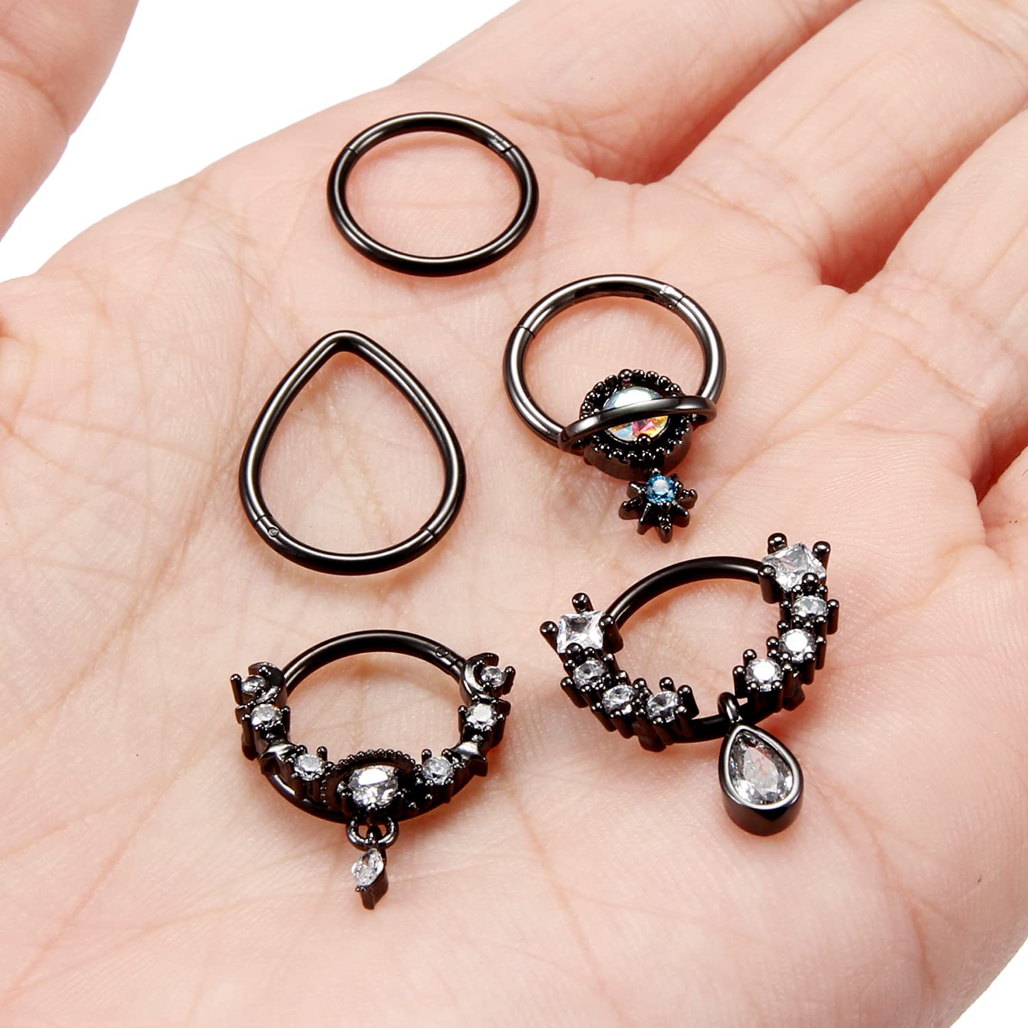 Vsnnsns 16G Septum Rings Piercing Jewelry Septum Jewelry CZ Clicker Ring Stainless Steel Septum Hinged Segment Nose Rings Hoop Piercing Jewelry for Men Women 10mm 5pcs Black