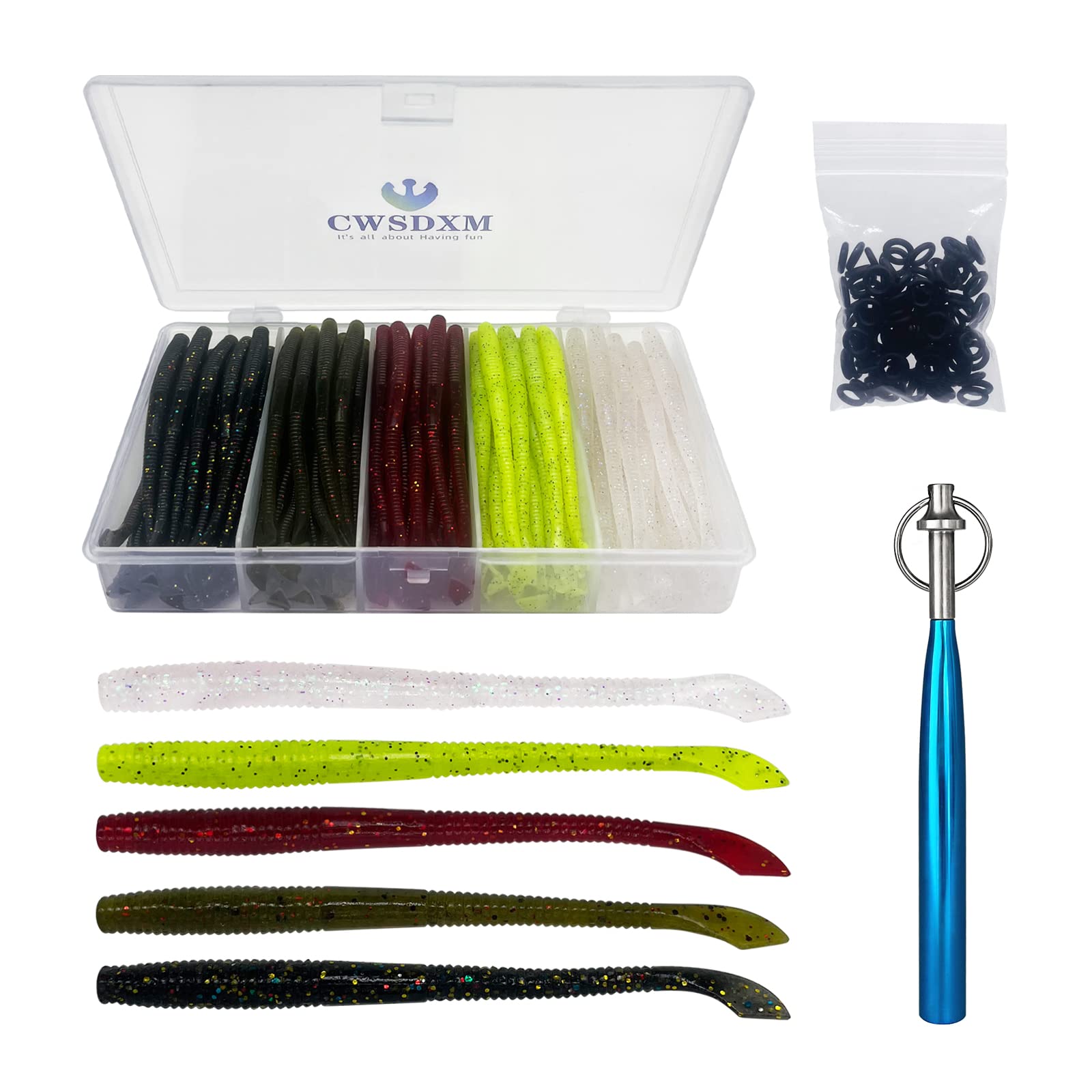 CWSDXM Worm Soft Plastic Bait Kit 100PCS 4 inch Worms Fishing Lures 100PCS O-Rings and Wacky Rig Tool Fishing Worms for Bass