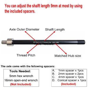 Bike Trailer Hitch Thru Axle Adapter 12mm Thru Axle with 1.0/1.5/1.75 Thread Pitch Shaft Length 167~185mm (M12-1.75-181mm)