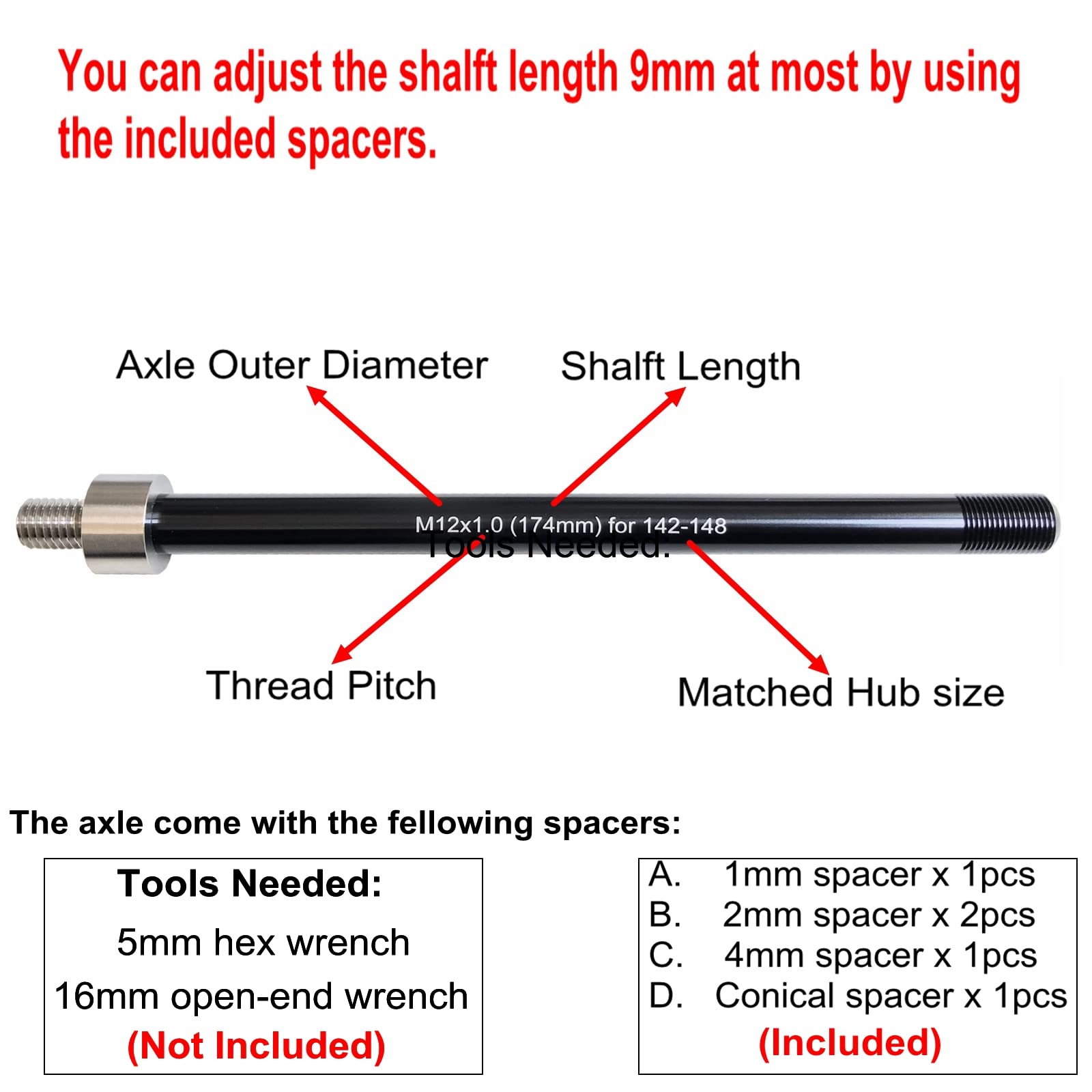 Bike Trailer Hitch Thru Axle Adapter 12mm Thru Axle with 1.0/1.5/1.75 Thread Pitch Shaft Length 167~185mm (M12-1.75-181mm)