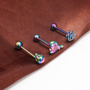 Vsnnsns 14G Tongue Rings for Women Stainless Steel Heart Tongue Rings Skull Tongue Piercing Jewelry Flower Tongue Rings Surgical Steel Tongue Jewelry Barbell Body Piercing Jewelry Rainbow