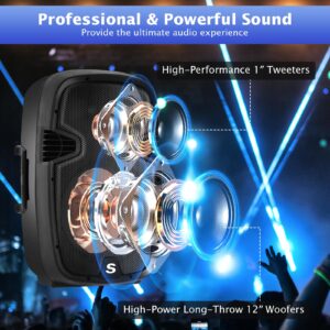 GOFLAME 2000W 2-Way Powered Speakers, 12" Portable Dual Speakers PA System with Bluetooth, USB SD Card, AUX MP3 FM Radio, Microphone, 2 Tripod Stands, Remote and Cables, Indoor and Outdoor Use