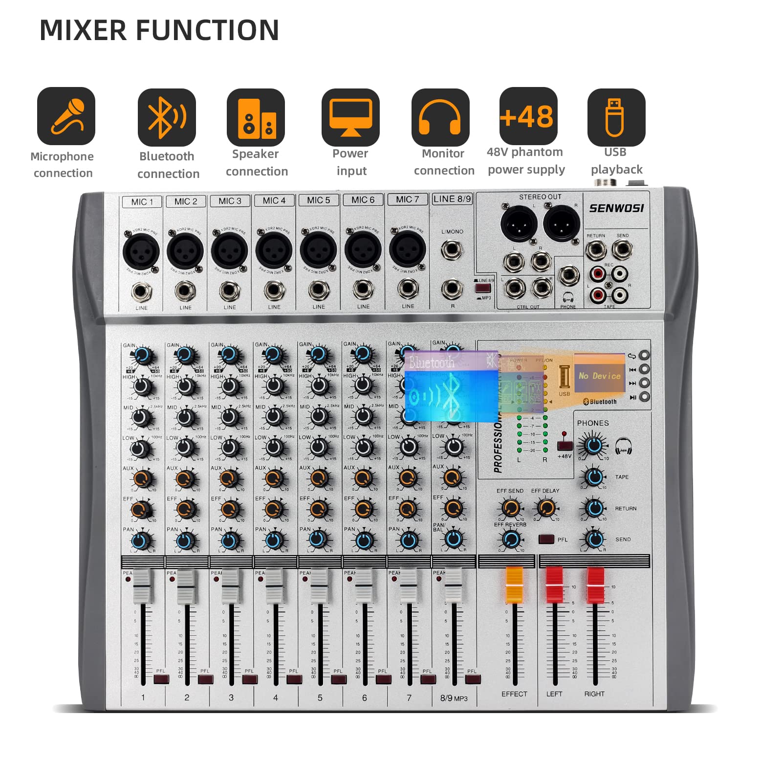 SENWOSI MT-8 8-Channel Sound Board Mixer Amplifier Mixing Console USB Bluetooth Audio Interface Microphone Preamplifier Phantom Power 3 band EQ Steel Chassis DJ Studio Music production