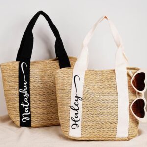 Personalized Mini Straw Woven Tote Bag, Custom Small Bridesmaid Bucket Beach Bag Wedding Party Gift Mini Handbag Summer Purse