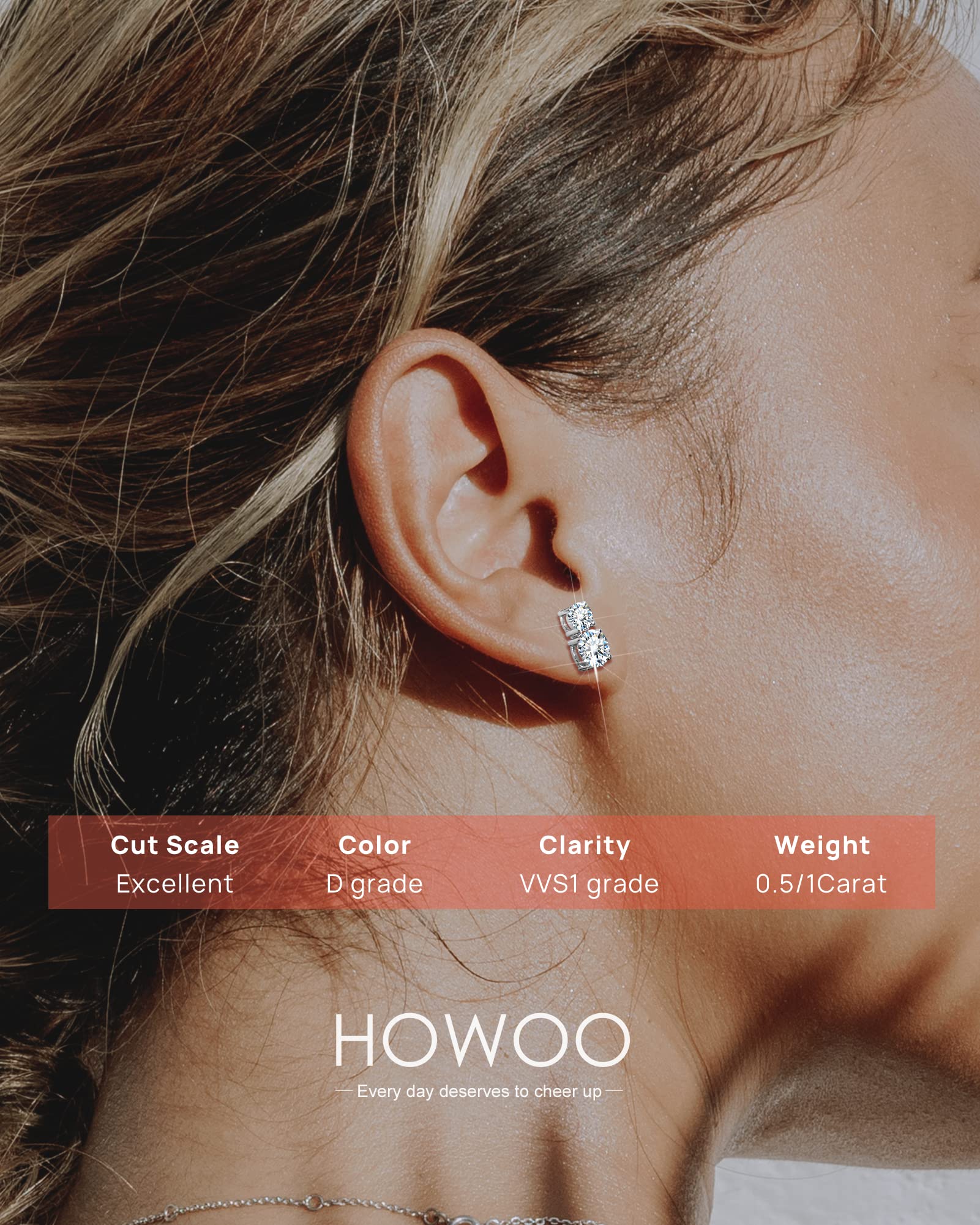 Howoo Moissanite Stud Earrings for Women White Gold Sterling Silver Earrings with Two Moissanite Diamond Gifts for Women