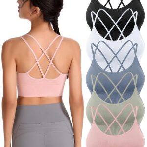 Padded Sports Bras for Women Strappy Cross Back Yoga Bras Pack for Workout Fitness Running Gym Low Impact Top