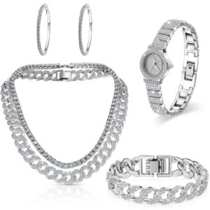 5 Pcs Hip Hop Jewelry Set with Miami Link Chain Necklace Bracelet Bling Crystal Diamond Watch Rhinestone Earrings (Silver, Women)