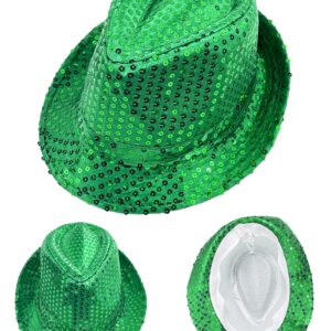 St Patrick's Day Fedora Hat Green Sequin Irish Hat for Men Women Paddy's Day Fancy Cap Western Fashion Sequin Bow Tie and 3 Green Beads