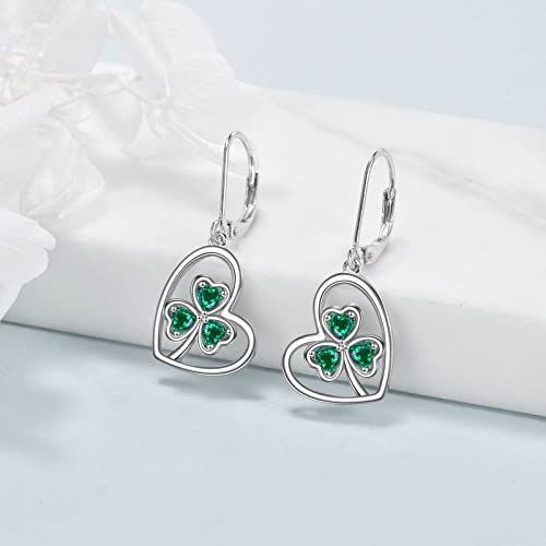 VONALA Clover Earrings 925 Sterling Silver Green Shamrock Leverback Earrings Irish Heart Drop Dangele Earrings ST Patricks Day Lucky Jewelry Gift for Women