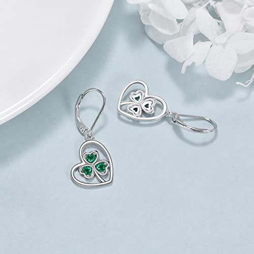 VONALA Clover Earrings 925 Sterling Silver Green Shamrock Leverback Earrings Irish Heart Drop Dangele Earrings ST Patricks Day Lucky Jewelry Gift for Women