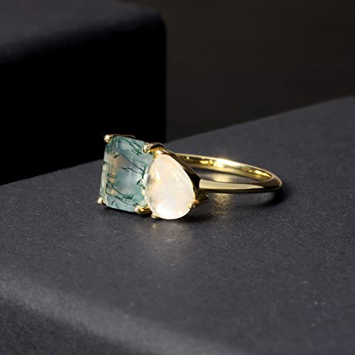 Gem's Beauty Milky Blue Moonstone Green Moss Agate Gold Sterling Silver Toi et Moi Ring Women Gold Rings Moss Agate Jewelry Engagement Rings Women Gifts(Size6)