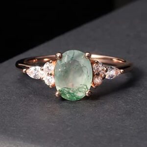 Women Gifts Natural Oval Green Moss Agate Rose Gold Engagement Ring Sterling Silver Women's Gold Rings Moss Agate Jewelry(Size8)