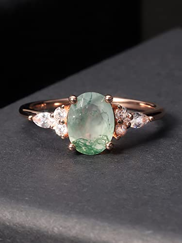 Women Gifts Natural Oval Green Moss Agate Rose Gold Engagement Ring Sterling Silver Women's Gold Rings Moss Agate Jewelry(Size8)