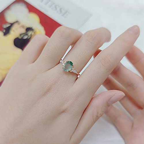 Women Gifts Natural Oval Green Moss Agate Rose Gold Engagement Ring Sterling Silver Women's Gold Rings Moss Agate Jewelry(Size8)