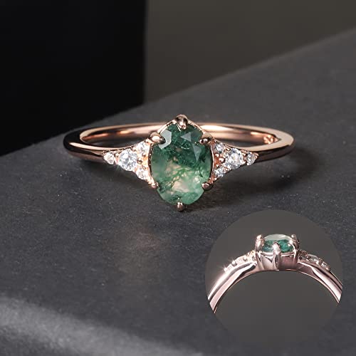 Engagement Rings Women Gifts Natural Oval Green Moss Agate Rose Gold Ring Sterling Silver women Gold Rings Moss Agate Jewelry(Size8)